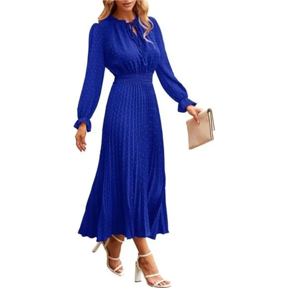 Dresses | Midi Dress Long Sleeve V Neck Swiss Dot Pleated A Line Flowy Dress  For Women | Poshmark